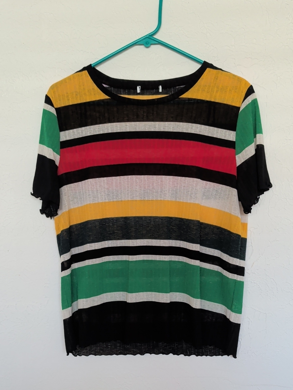 Striped Sheer Short Sleeve Crewneck Top in Yellow, Green, Red, Black, Lavender